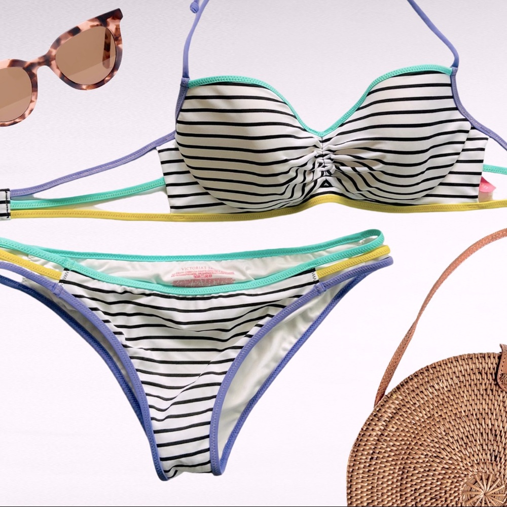 VS Strappy Cheeky Striped Bikini 34C Medium NWOT